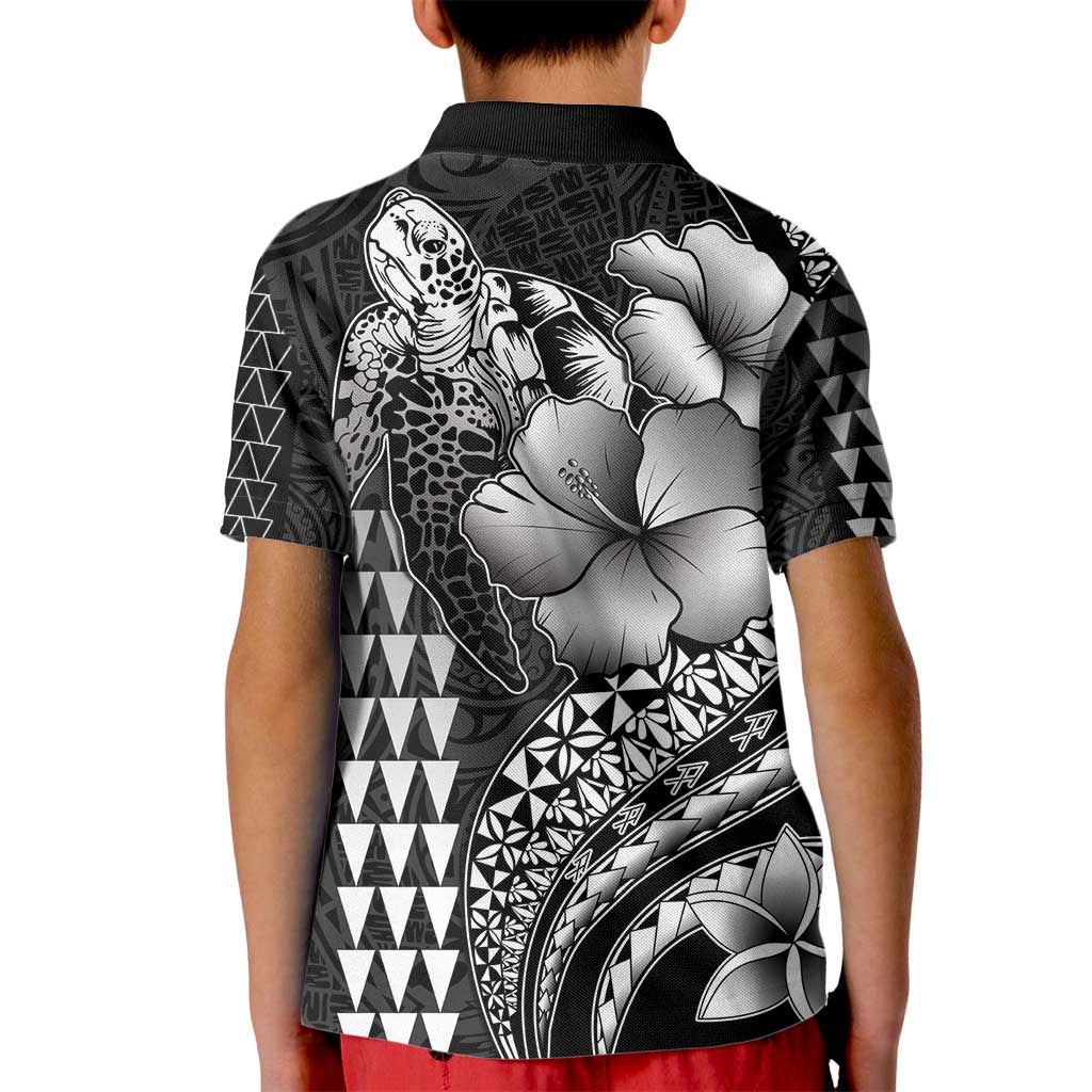 Hawaiian Sea Turtle Kid Polo Shirt Black Hibiscus Flowers and Kakau Pattern