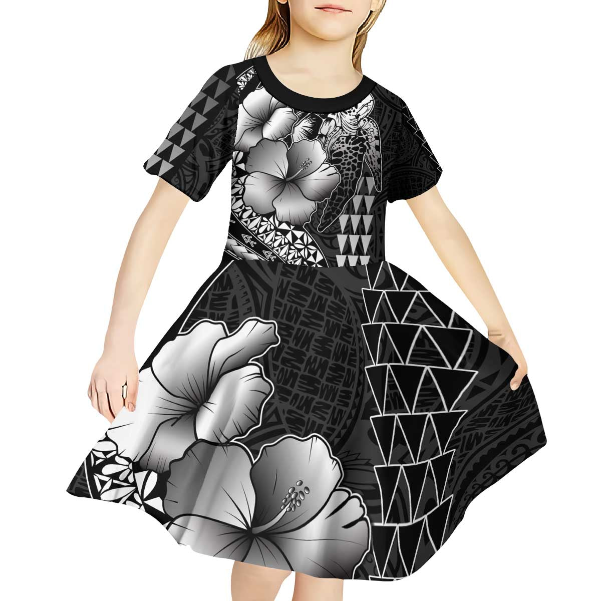 Hawaiian Sea Turtle Kid Short Sleeve Dress Black Hibiscus Flowers and Kakau Pattern