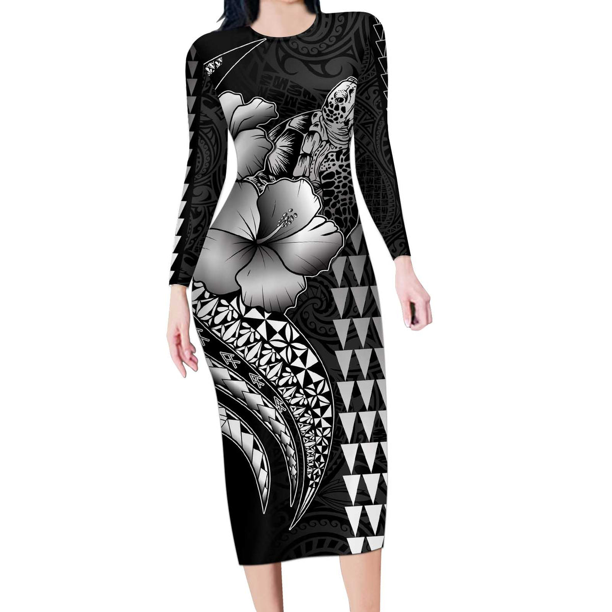 Hawaiian Sea Turtle Long Sleeve Bodycon Dress Black Hibiscus Flowers and Kakau Pattern