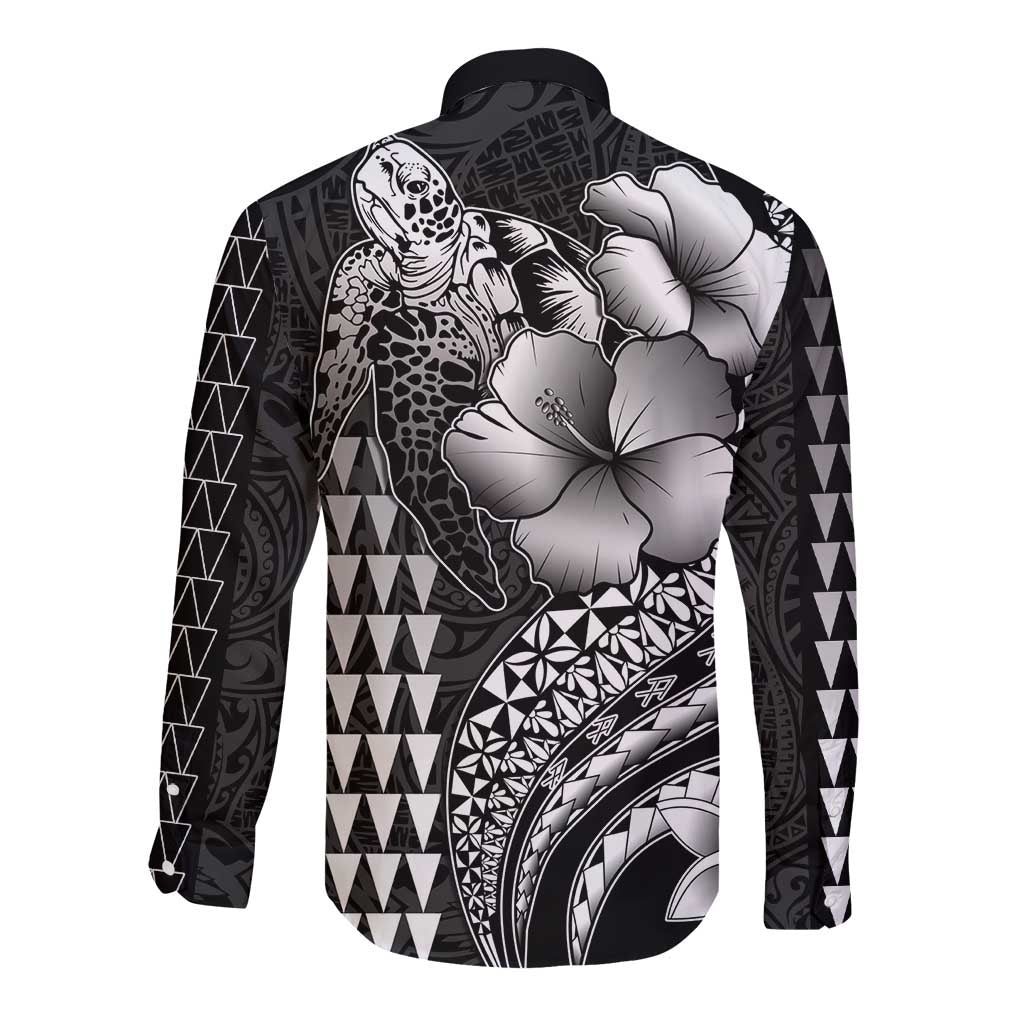 Hawaiian Sea Turtle Long Sleeve Button Shirt Black Hibiscus Flowers and Kakau Pattern