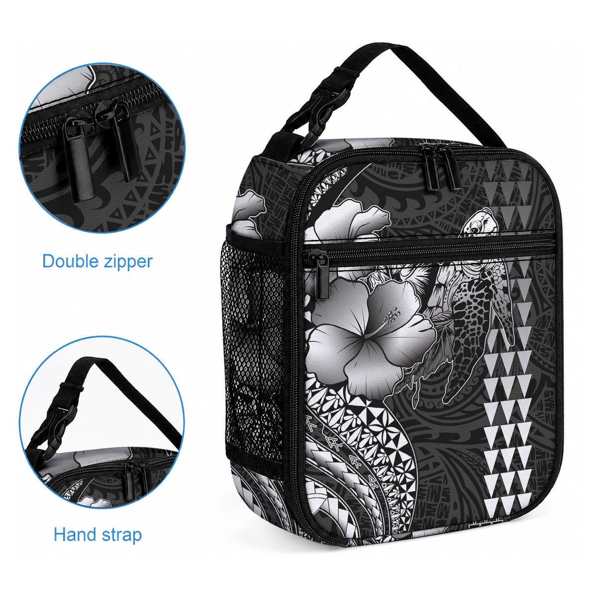 Hawaiian Sea Turtle Lunch Bag Black Hibiscus Flowers and Kakau Pattern LT9 - Polynesian Pride
