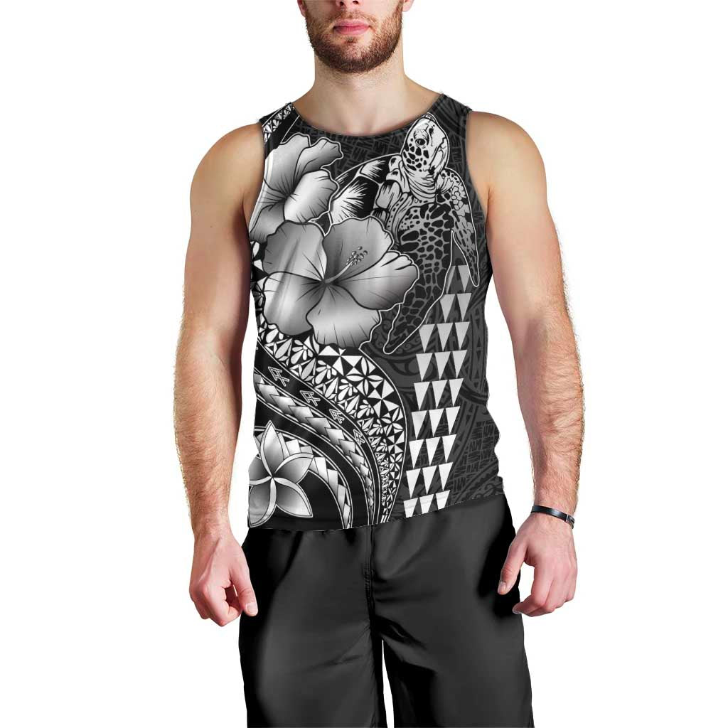 Hawaiian Sea Turtle Men Tank Top Black Hibiscus Flowers and Kakau Pattern