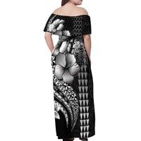 Hawaiian Sea Turtle Off Shoulder Maxi Dress Black Hibiscus Flowers and Kakau Pattern