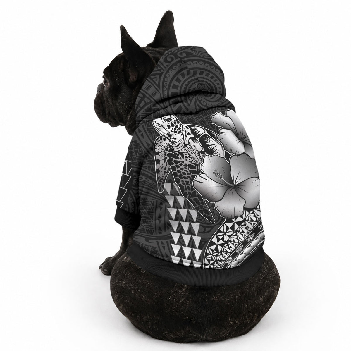 Hawaiian Sea Turtle Pet Hoodie Black Hibiscus Flowers and Kakau Pattern LT9 - Polynesian Pride