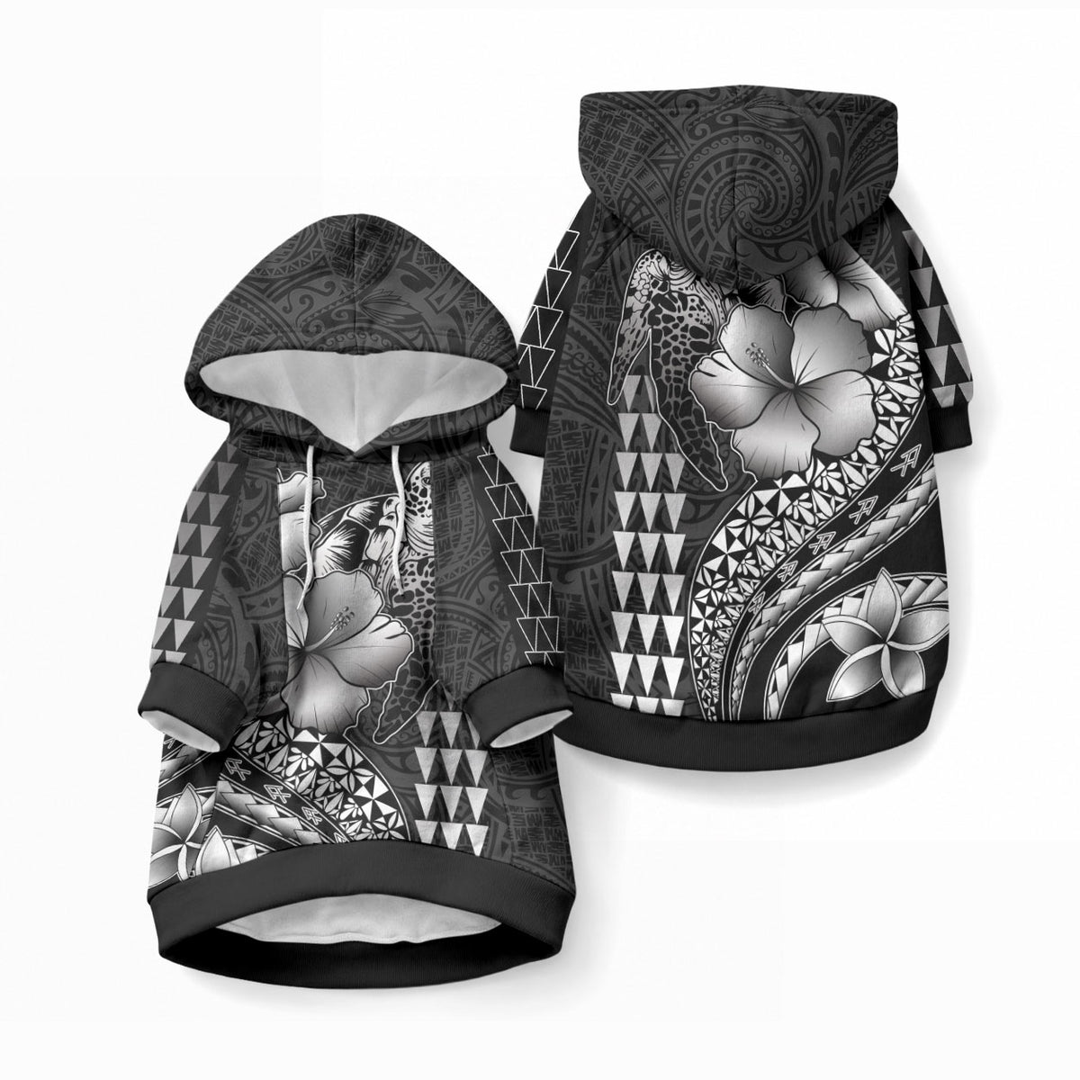 Hawaiian Sea Turtle Pet Hoodie Black Hibiscus Flowers and Kakau Pattern LT9 Pullover Black - Polynesian Pride
