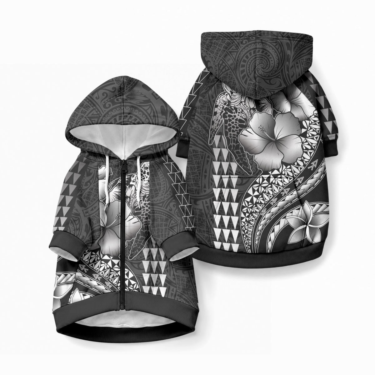 Hawaiian Sea Turtle Pet Hoodie Black Hibiscus Flowers and Kakau Pattern LT9 Zip-up Black - Polynesian Pride