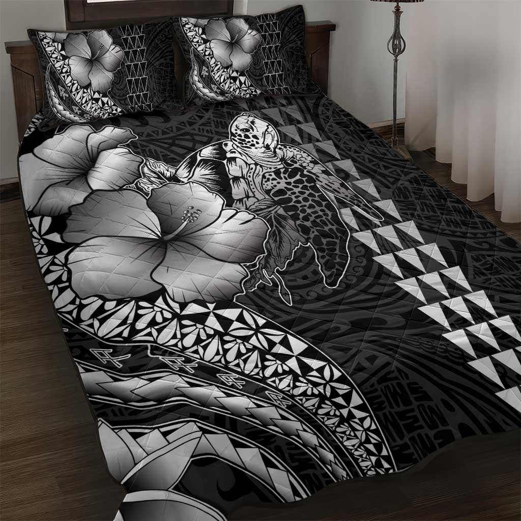 Hawaiian Sea Turtle Quilt Bed Set Black Hibiscus Flowers and Kakau Pattern