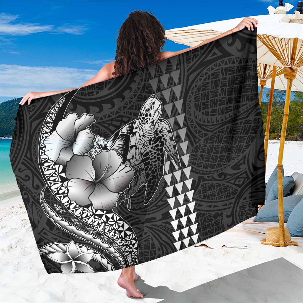 Hawaiian Sea Turtle Sarong Black Hibiscus Flowers and Kakau Pattern