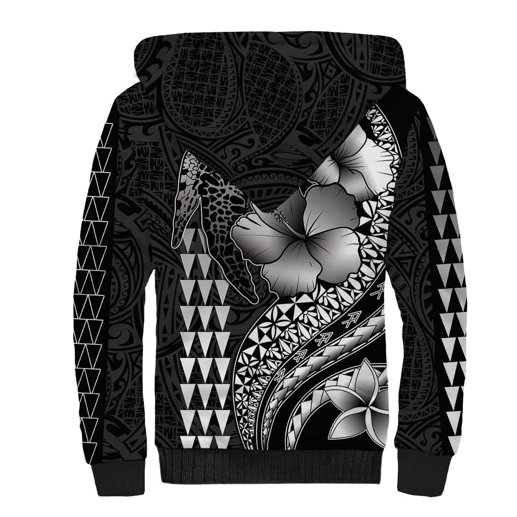 Hawaiian Sea Turtle Sherpa Hoodie Black Hibiscus Flowers and Kakau Pattern