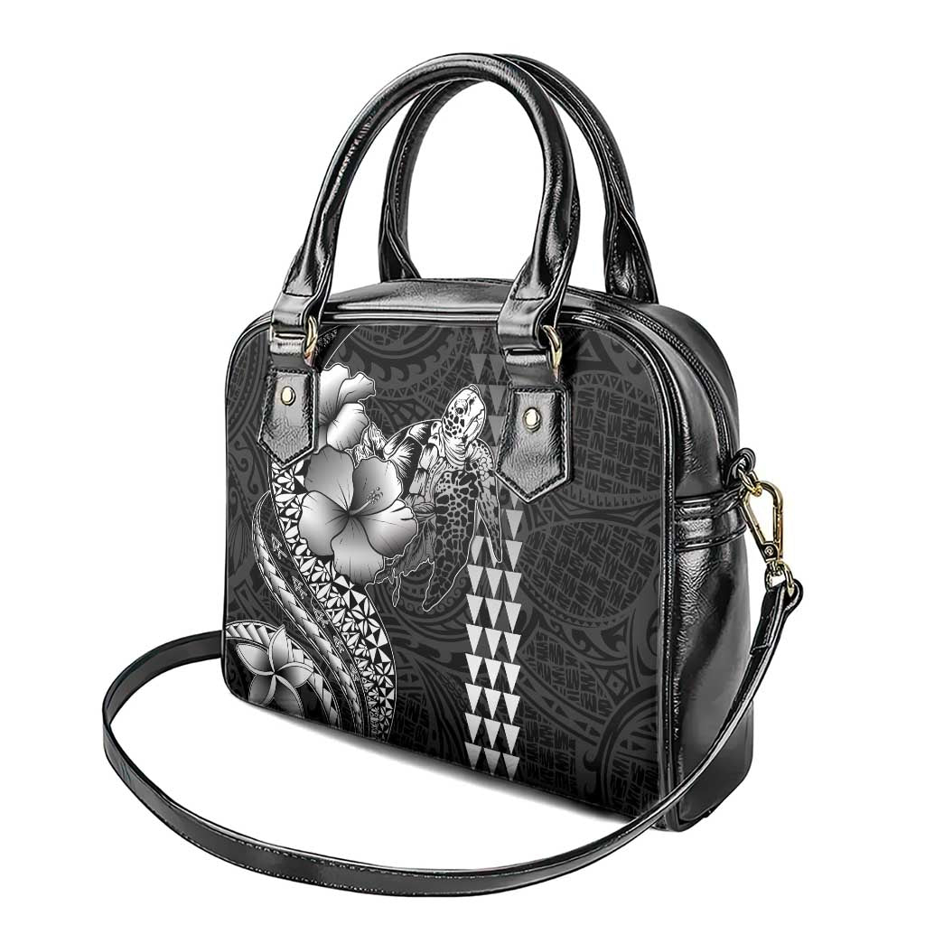 Hawaiian Sea Turtle Shoulder Handbag Black Hibiscus Flowers and Kakau Pattern
