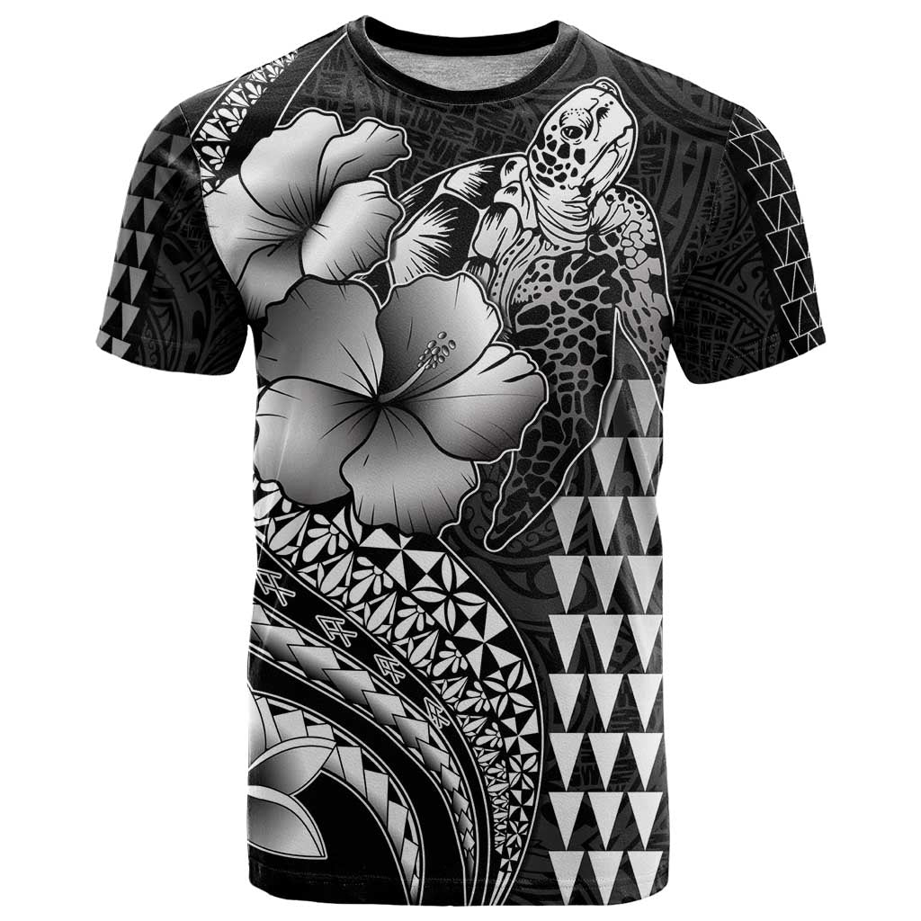 Hawaiian Sea Turtle T Shirt Black Hibiscus Flowers and Kakau Pattern