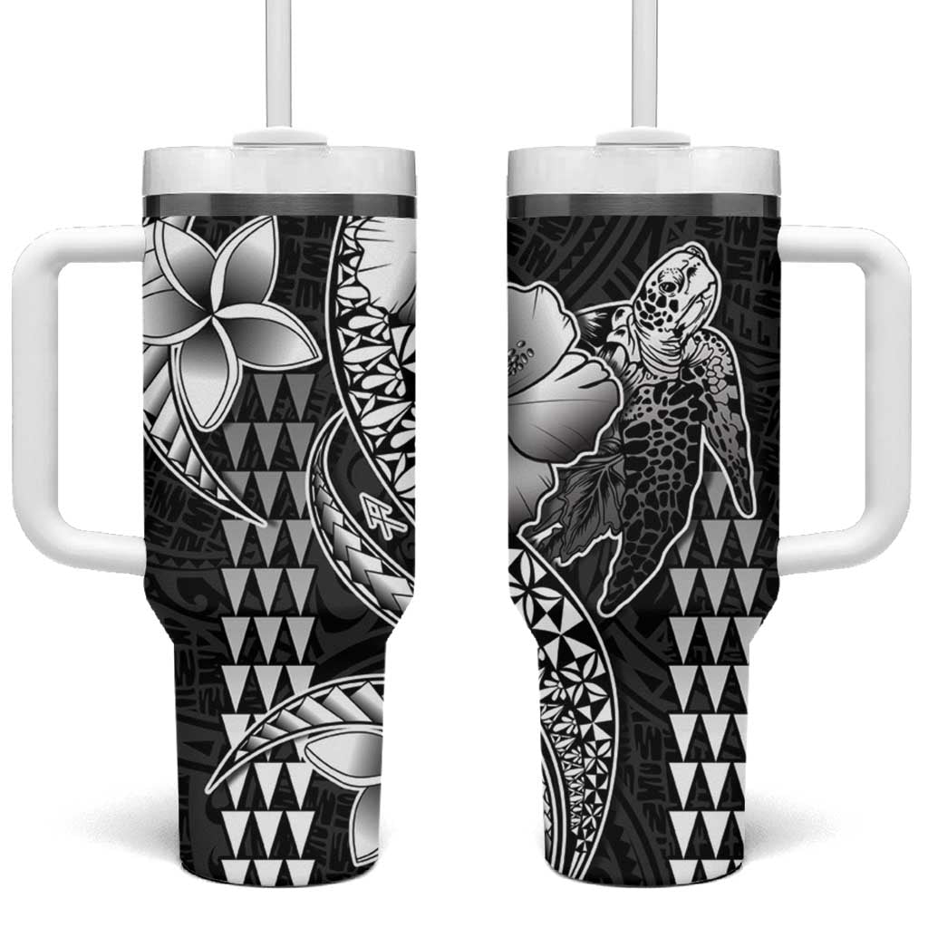 Hawaiian Sea Turtle Tumbler With Handle Black Hibiscus Flowers and Kakau Pattern