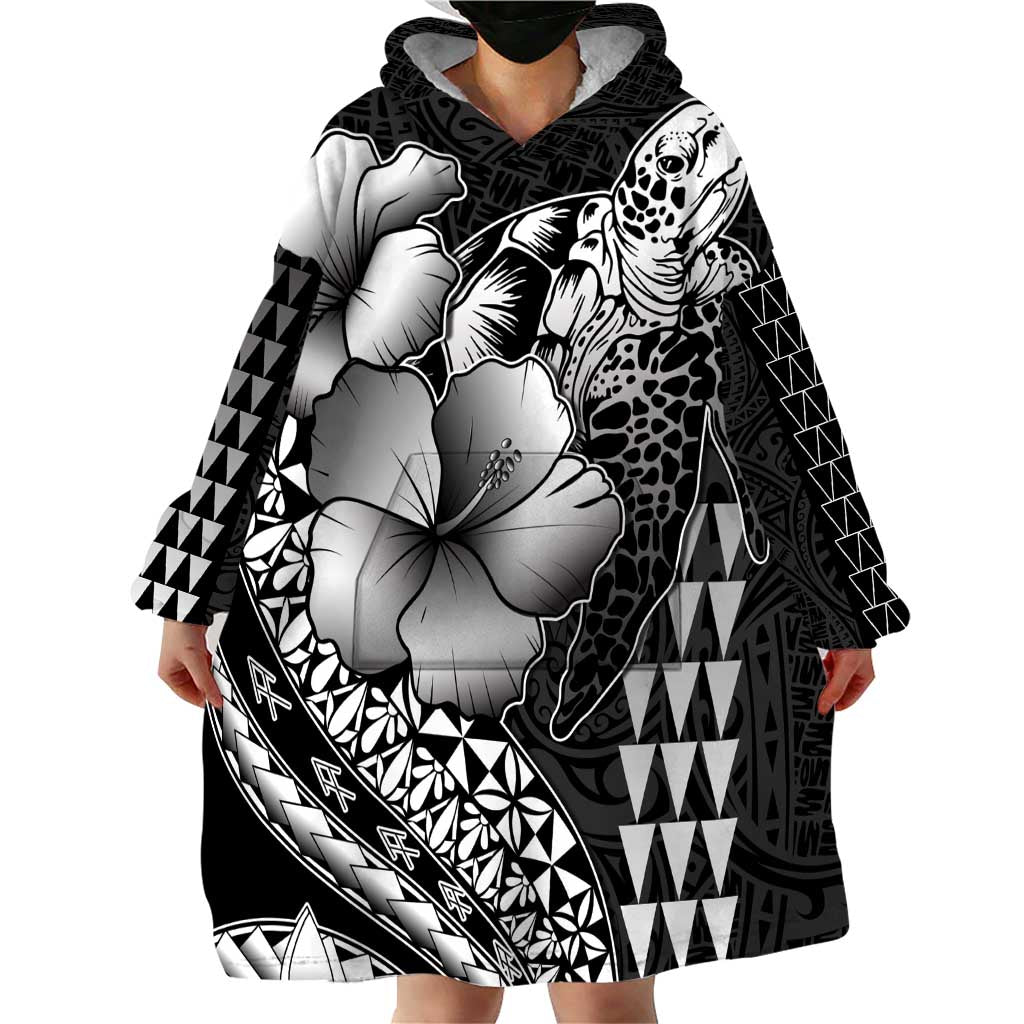 Hawaiian Sea Turtle Wearable Blanket Hoodie Black Hibiscus Flowers and Kakau Pattern