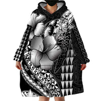 Hawaiian Sea Turtle Wearable Blanket Hoodie Black Hibiscus Flowers and Kakau Pattern