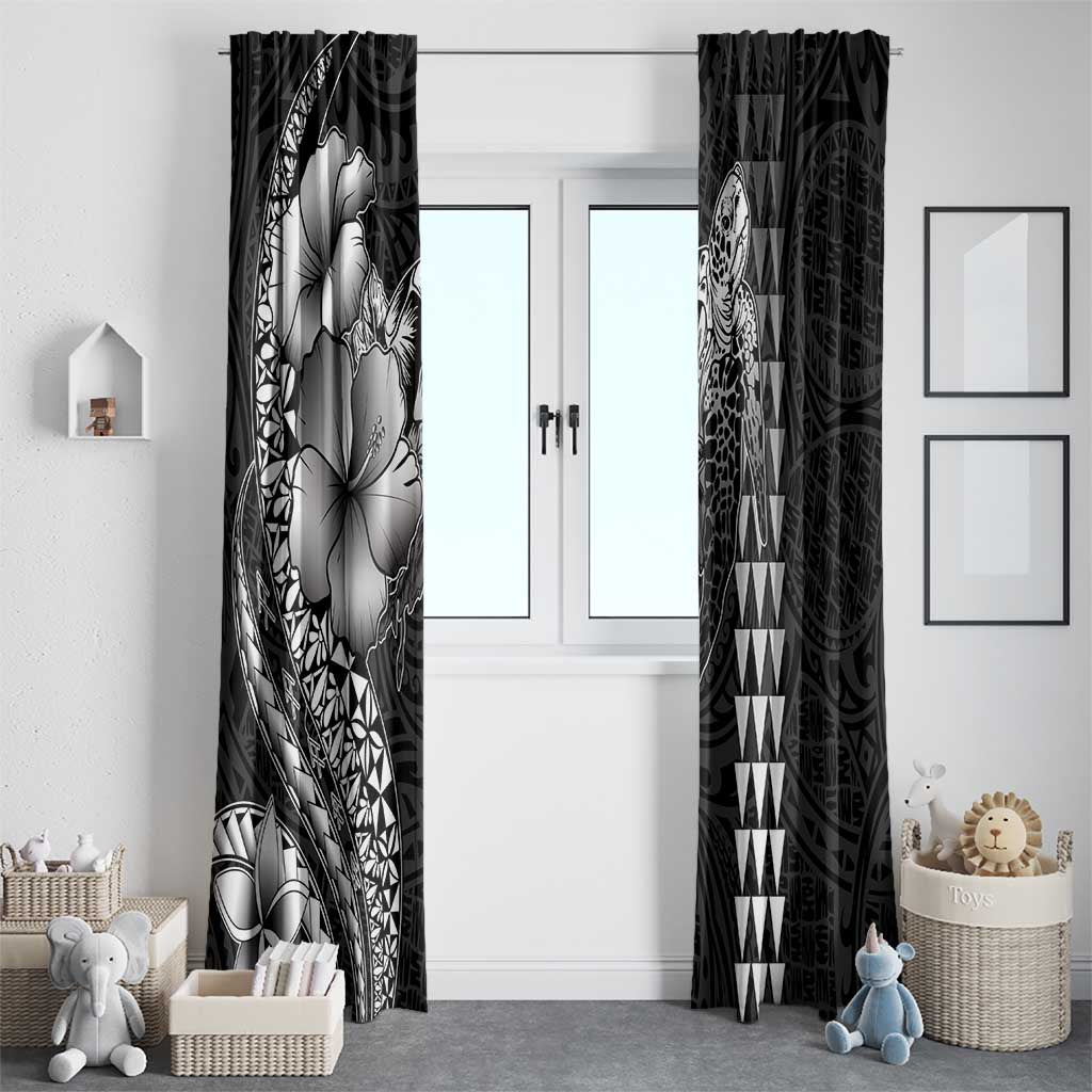 Hawaiian Sea Turtle Window Curtain Black Hibiscus Flowers and Kakau Pattern