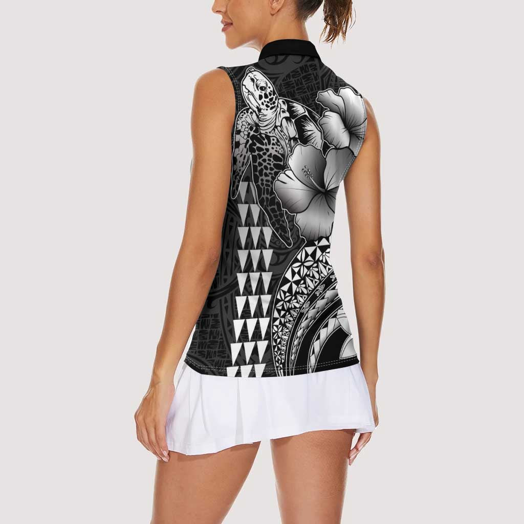 Hawaiian Sea Turtle Women Sleeveless Polo Shirt Black Hibiscus Flowers and Kakau Pattern
