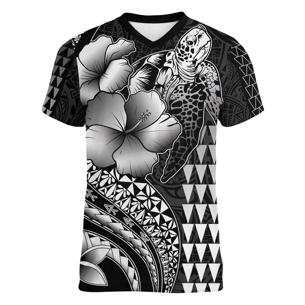 Hawaiian Sea Turtle Women V-Neck T-Shirt Black Hibiscus Flowers and Kakau Pattern