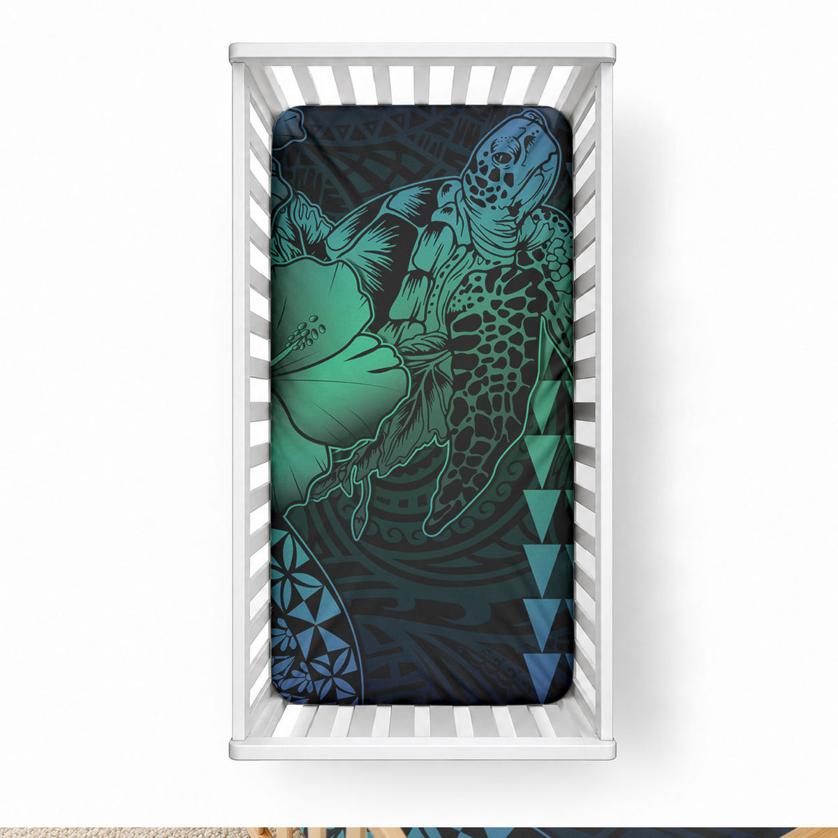 Hawaiian Sea Turtle Baby Bed Cover Blue Hibiscus Flowers and Kakau Pattern LT9 28 × 52 in Blue - Polynesian Pride