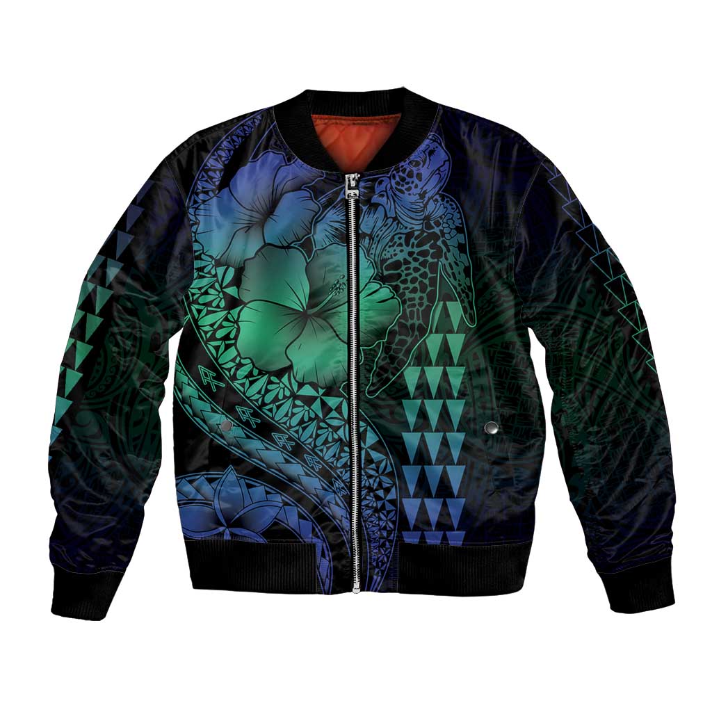 Hawaiian Sea Turtle Bomber Jacket Blue Hibiscus Flowers and Kakau Pattern