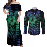 Hawaiian Sea Turtle Couples Matching Off Shoulder Maxi Dress and Long Sleeve Button Shirt Blue Hibiscus Flowers and Kakau Pattern LT9 Blue - Polynesian Pride