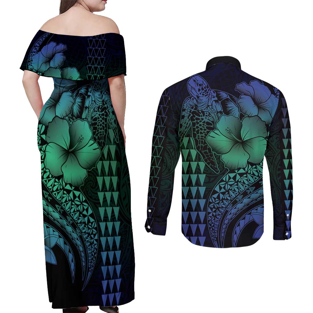 Hawaiian Sea Turtle Couples Matching Off Shoulder Maxi Dress and Long Sleeve Button Shirt Blue Hibiscus Flowers and Kakau Pattern LT9 - Polynesian Pride