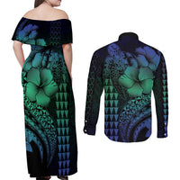 Hawaiian Sea Turtle Couples Matching Off Shoulder Maxi Dress and Long Sleeve Button Shirt Blue Hibiscus Flowers and Kakau Pattern LT9 - Polynesian Pride