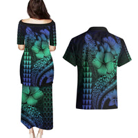 Hawaiian Sea Turtle Couples Matching Puletasi and Hawaiian Shirt Blue Hibiscus Flowers and Kakau Pattern