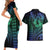 Hawaiian Sea Turtle Couples Matching Short Sleeve Bodycon Dress and Hawaiian Shirt Blue Hibiscus Flowers and Kakau Pattern