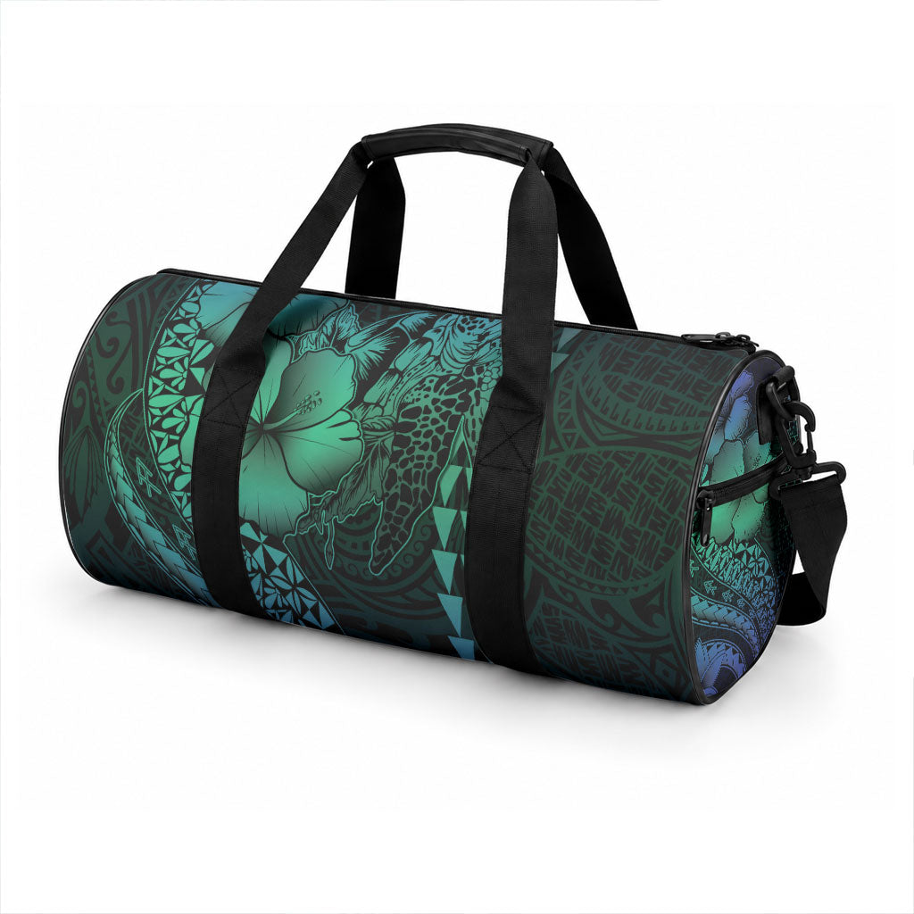 Hawaiian Sea Turtle Duffle Bag Blue Hibiscus Flowers and Kakau Pattern LT9 - Polynesian Pride