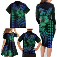 Hawaiian Sea Turtle Family Matching Long Sleeve Bodycon Dress and Hawaiian Shirt Blue Hibiscus Flowers and Kakau Pattern