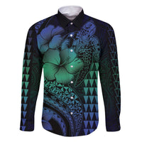 Hawaiian Sea Turtle Family Matching Long Sleeve Bodycon Dress and Hawaiian Shirt Blue Hibiscus Flowers and Kakau Pattern