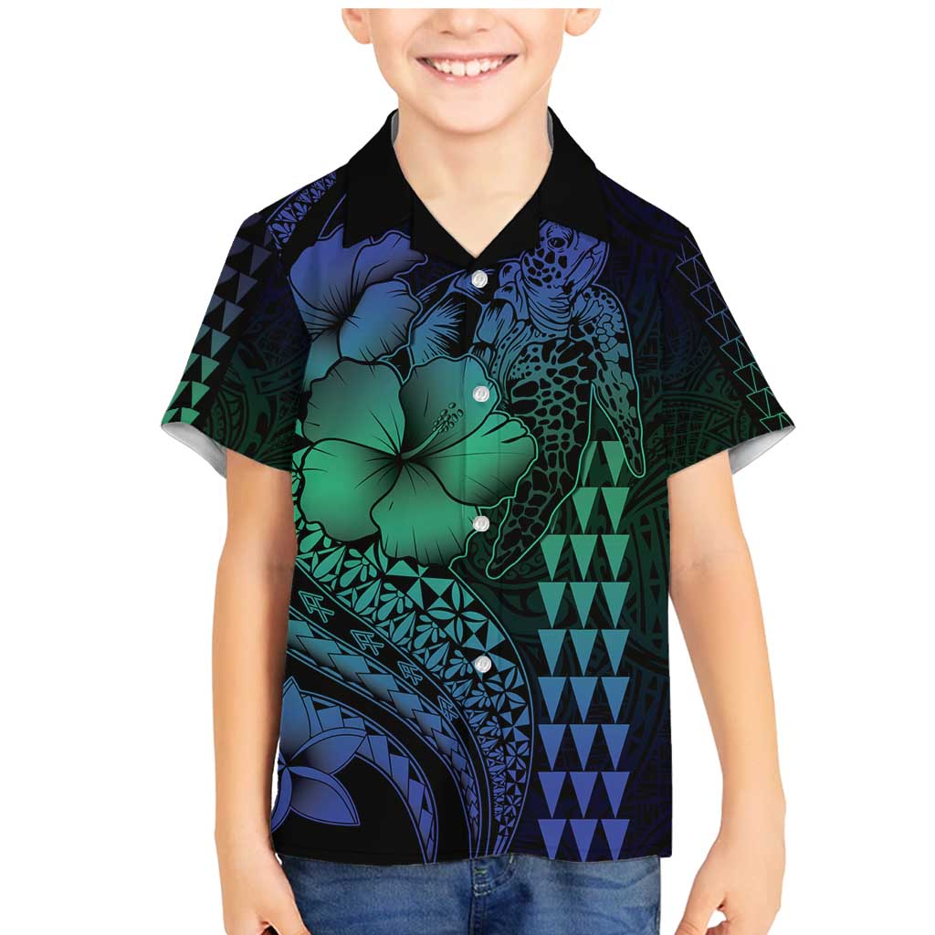 Hawaiian Sea Turtle Family Matching Mermaid Dress and Hawaiian Shirt Blue Hibiscus Flowers and Kakau Pattern