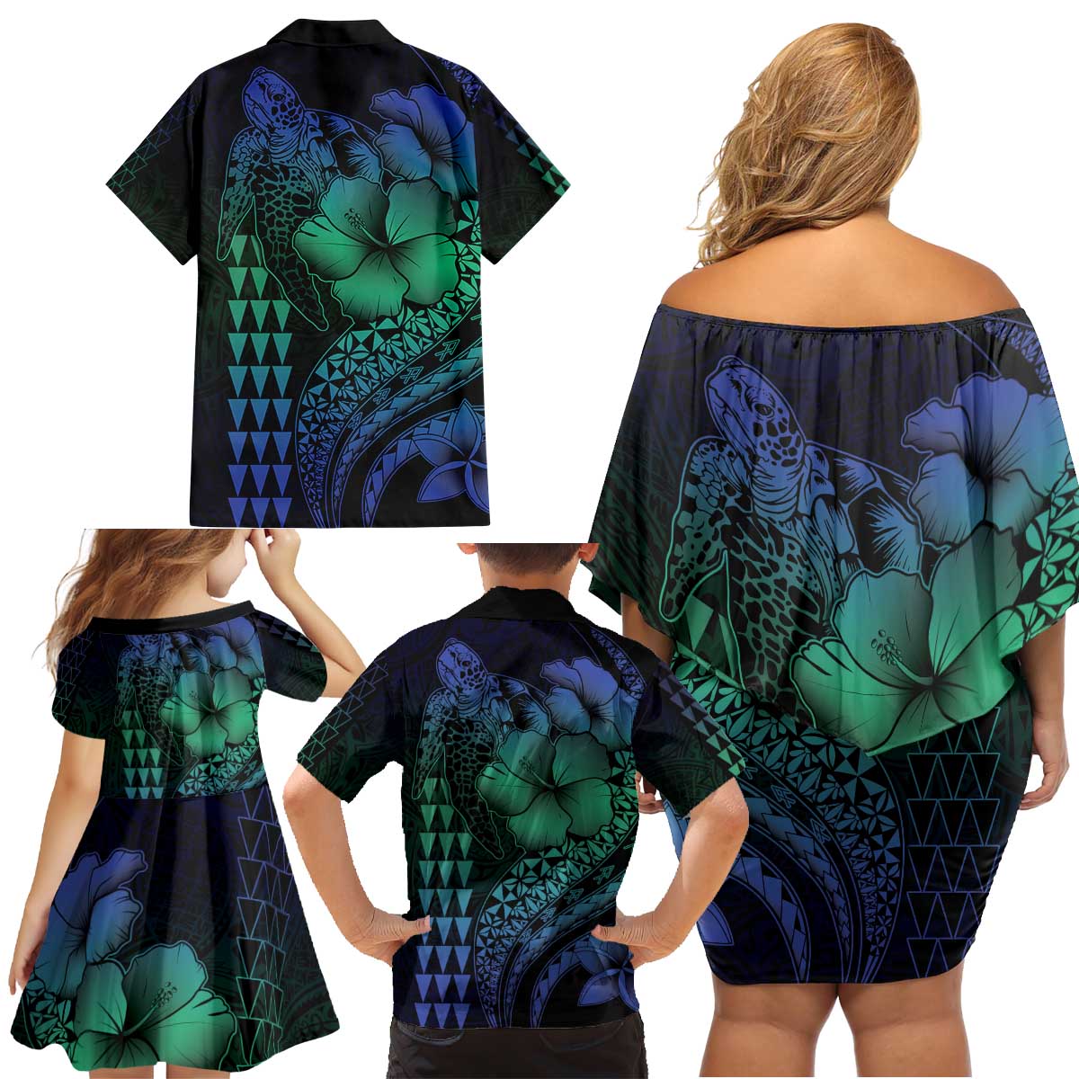 Hawaiian Sea Turtle Family Matching Off Shoulder Short Dress and Hawaiian Shirt Blue Hibiscus Flowers and Kakau Pattern