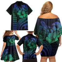Hawaiian Sea Turtle Family Matching Off Shoulder Short Dress and Hawaiian Shirt Blue Hibiscus Flowers and Kakau Pattern