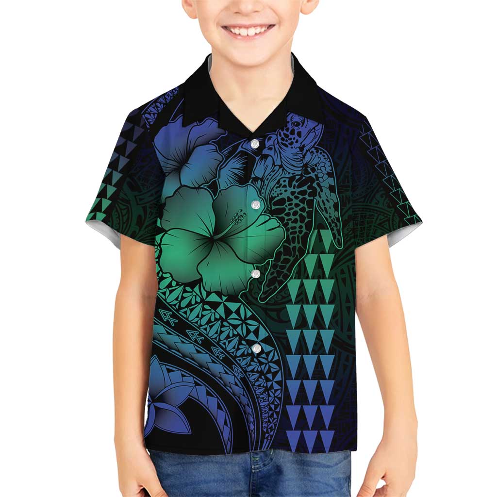 Hawaiian Sea Turtle Family Matching Tank Maxi Dress and Hawaiian Shirt Blue Hibiscus Flowers and Kakau Pattern