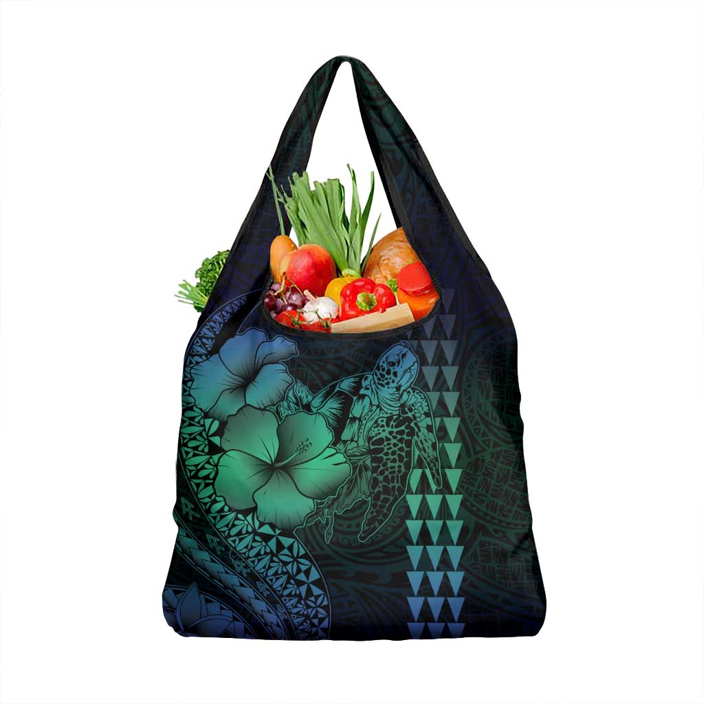 Hawaiian Sea Turtle Grocery Bag Blue Hibiscus Flowers and Kakau Pattern