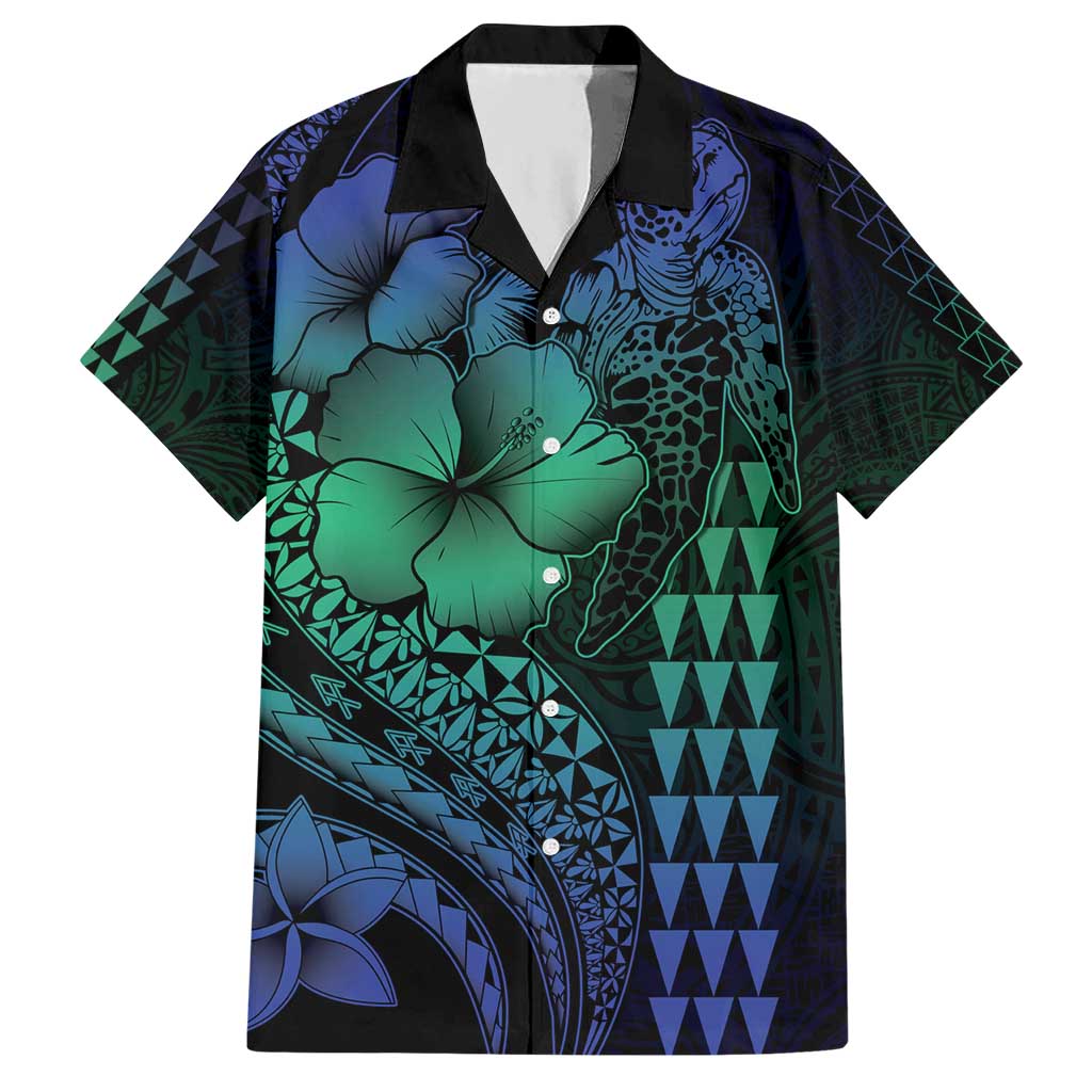 Hawaiian Sea Turtle Hawaiian Shirt Blue Hibiscus Flowers and Kakau Pattern