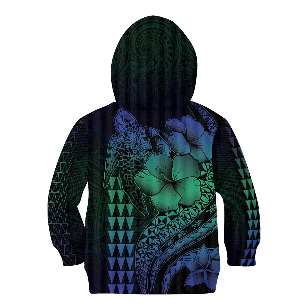 Hawaiian Sea Turtle Kid Hoodie Blue Hibiscus Flowers and Kakau Pattern