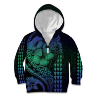 Hawaiian Sea Turtle Kid Hoodie Blue Hibiscus Flowers and Kakau Pattern