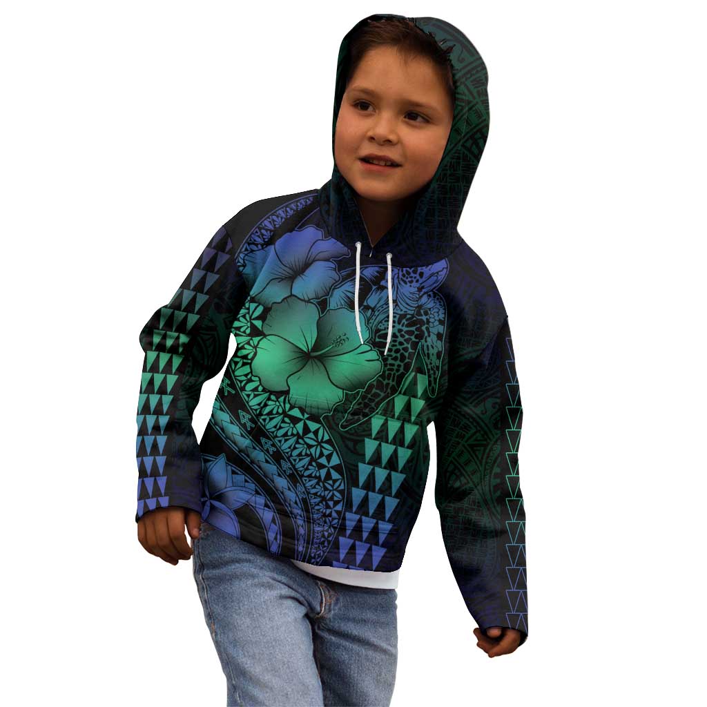 Hawaiian Sea Turtle Kid Hoodie Blue Hibiscus Flowers and Kakau Pattern