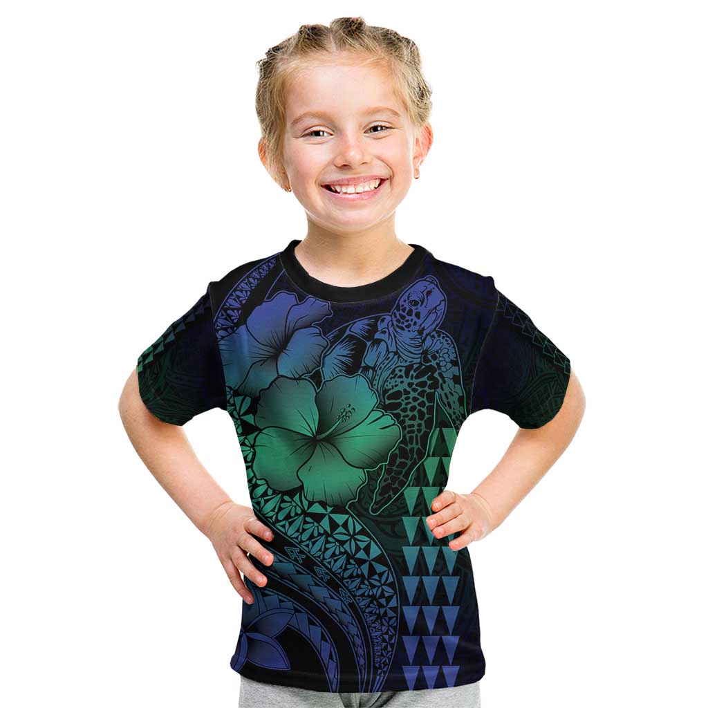 Hawaiian Sea Turtle Kid T Shirt Blue Hibiscus Flowers and Kakau Pattern