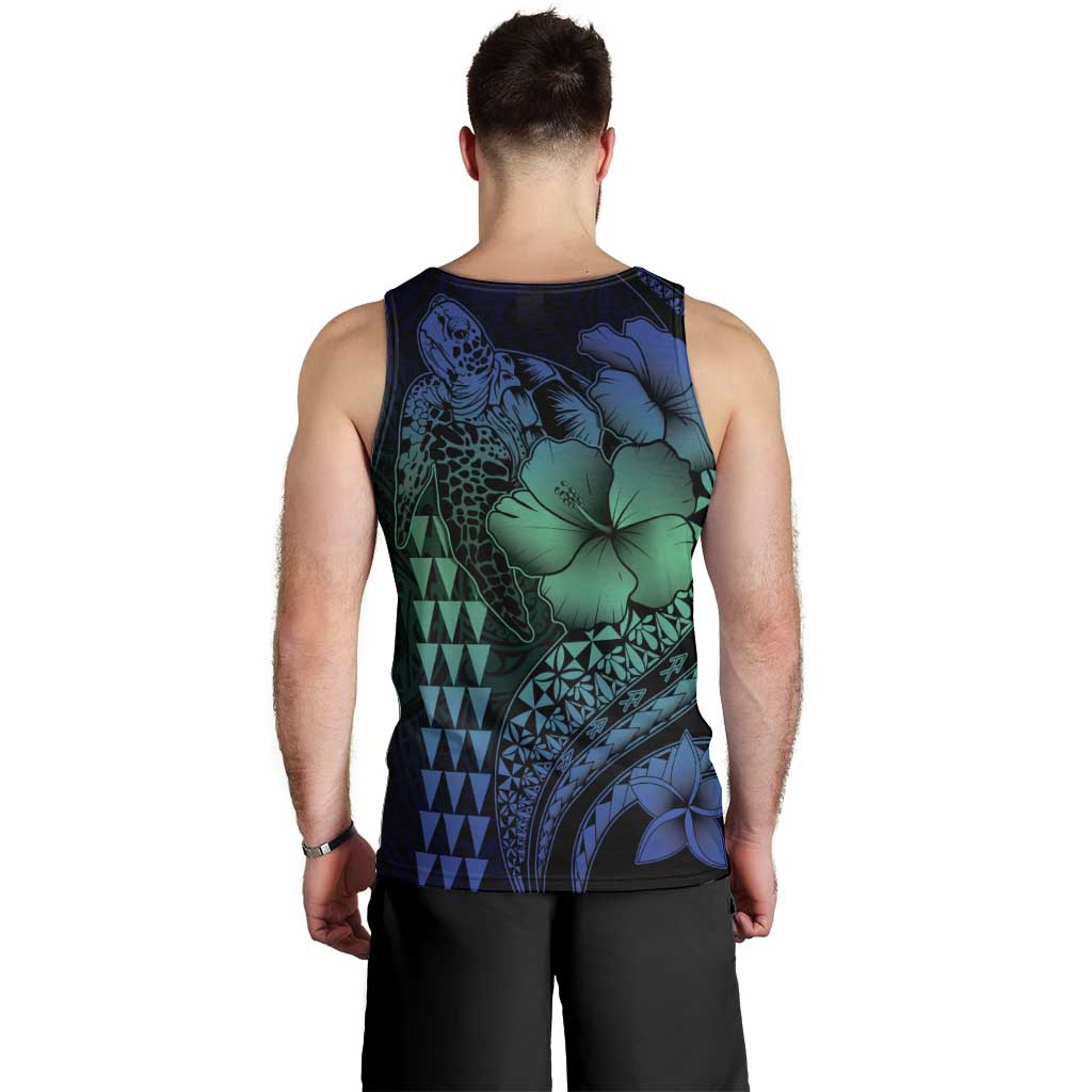 Hawaiian Sea Turtle Men Tank Top Blue Hibiscus Flowers and Kakau Pattern