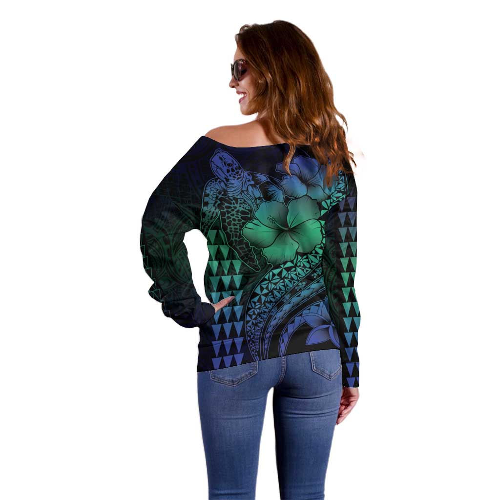 Hawaiian Sea Turtle Off Shoulder Sweater Blue Hibiscus Flowers and Kakau Pattern
