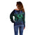 Hawaiian Sea Turtle Off Shoulder Sweater Blue Hibiscus Flowers and Kakau Pattern