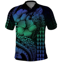 Hawaiian Sea Turtle Polo Shirt Blue Hibiscus Flowers and Kakau Pattern
