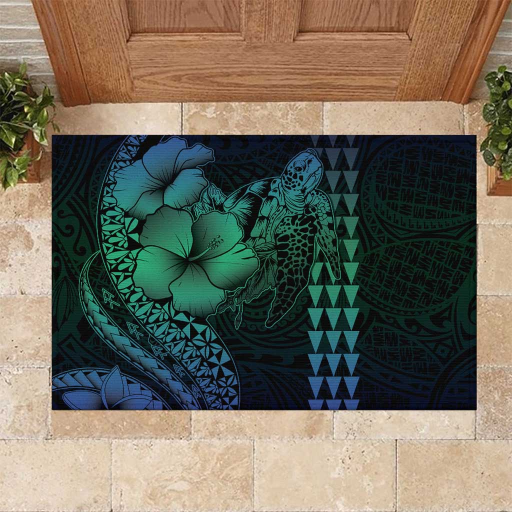 Hawaiian Sea Turtle Rubber Doormat Blue Hibiscus Flowers and Kakau Pattern
