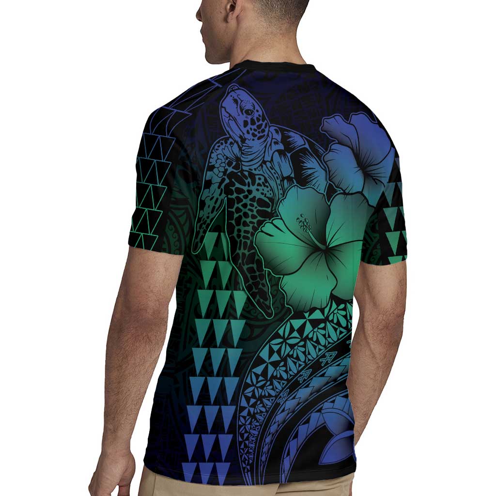 Hawaiian Sea Turtle Rugby Jersey Blue Hibiscus Flowers and Kakau Pattern