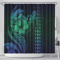 Hawaiian Sea Turtle Shower Curtain Blue Hibiscus Flowers and Kakau Pattern