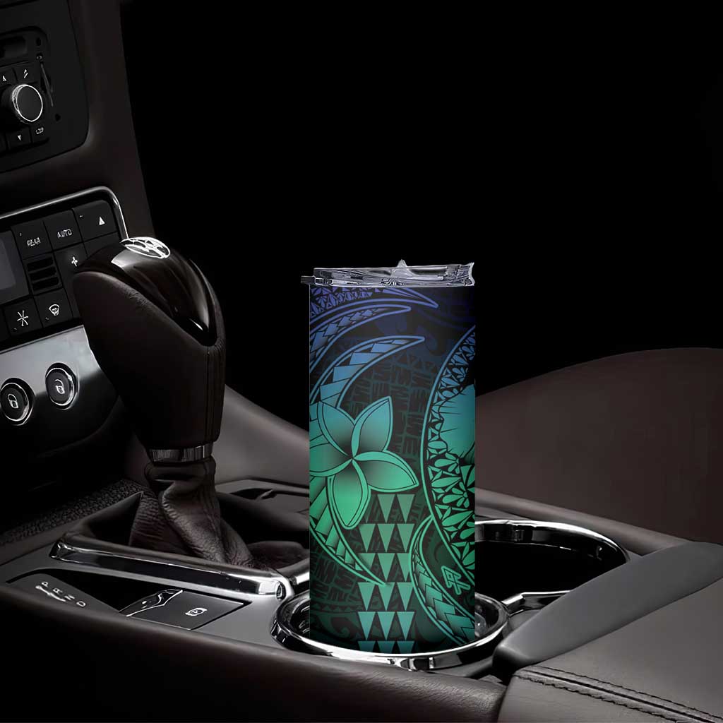 Hawaiian Sea Turtle Skinny Tumbler Blue Hibiscus Flowers and Kakau Pattern