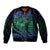 Hawaiian Sea Turtle Sleeve Zip Bomber Jacket Blue Hibiscus Flowers and Kakau Pattern